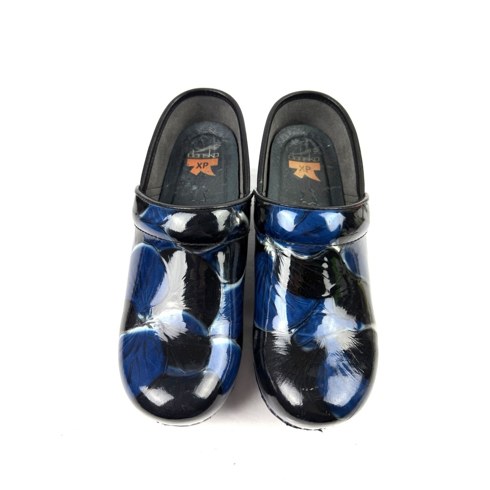Dansko XP Clogs 37 Black Blue Floral Patent Leather Slip On Professional Shoes